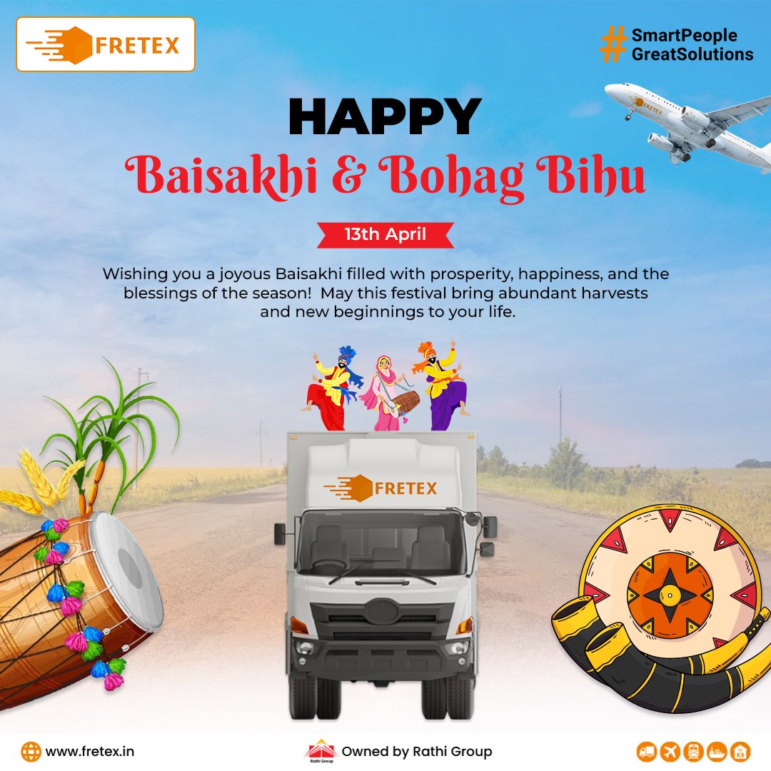 From the colorful fields of Baisakhi to the rhythmic beats of Bohag Bihu, let's soak in the rich traditions and spread happiness together! 💃🌾
.
.
.
#HappyBaisakhi #BahagBihu #Blessings #GoldenHarvest #UnityInDiversity #FretexLogistics #RathiGroup #VocalForLocal