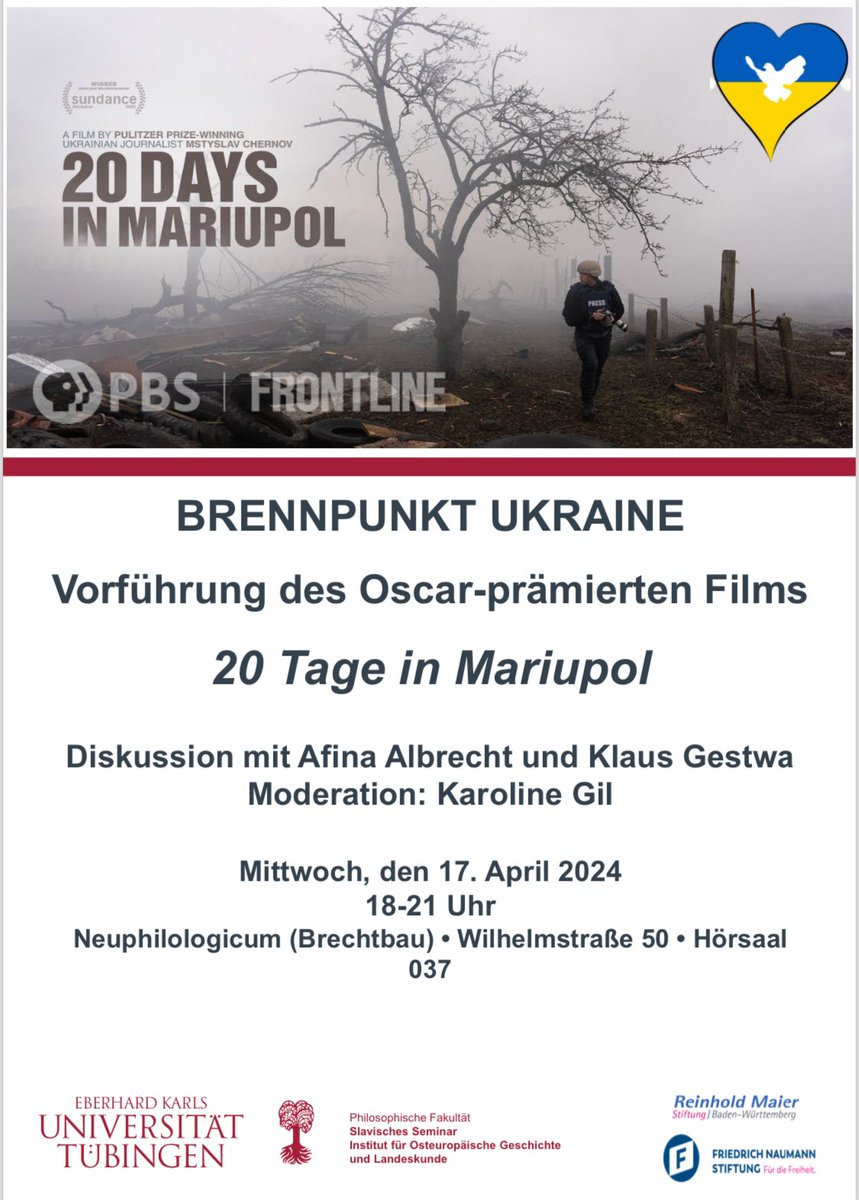 Am kommenden Mittwoch (17.04.24) Filmvorführung mit anschließender Diskussion „20 Tage in Mariupol“ mit Afina Albrecht und Klaus Gestwa (@osteuropa_tue) Moderation: Karoline Gil (@karolinegil) @FNFreiheit @uni_tue