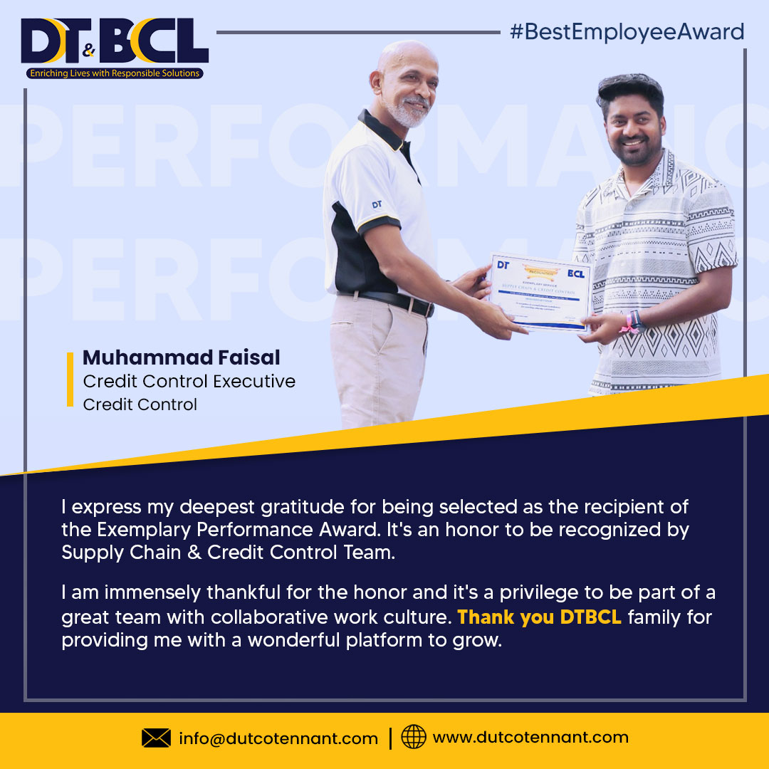 Congratulations 𝐌𝐮𝐡𝐚𝐦𝐦𝐚𝐝 𝐅𝐚𝐢𝐬𝐚𝐥 on your outstanding achievement! May this accomplishment motivate you to reach even greater heights in your career.

#bestemployee #employeeexcellence #employeeengagement #topperformer #welldeserved #DTBCL #DutcoTennantLLC