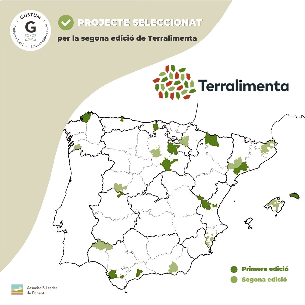 🎉Estem molt emocionats d'anunciar que el projecte Gustum ha estat seleccionat per participar en la segona edició de Terralimenta! 🌱 Aquest programa té per objectiu que les qüestions vinculades a l'alimentació sostenible adquireixin protagonisme en les zones rurals.