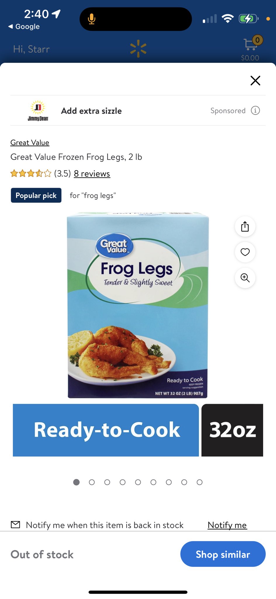 Great Value Frozen Frog Legs, 2 lb