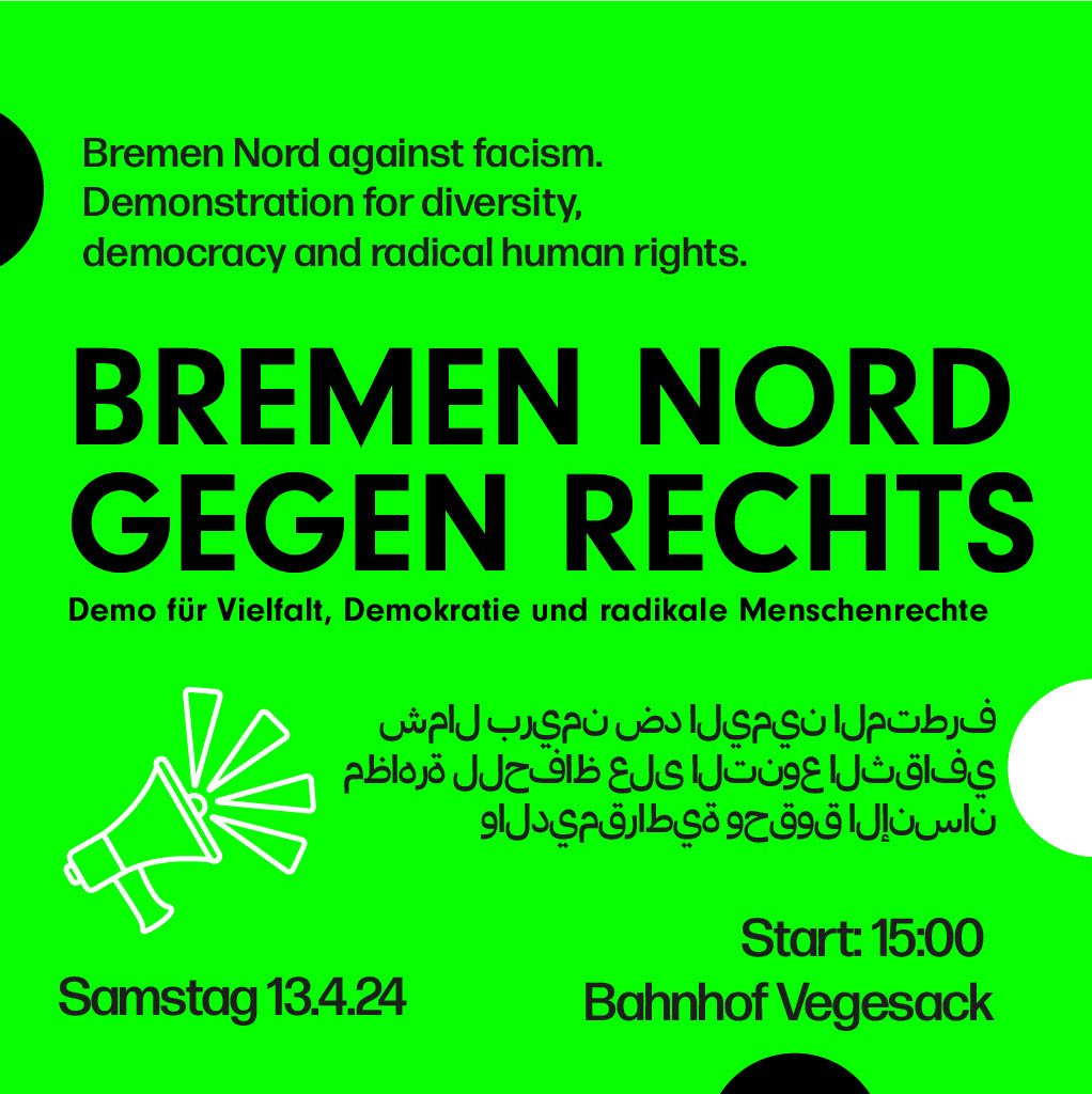 #Bremen

Demo gegen Rechts

❤️💜💙🩵💚💛🧡🩷

#fckafd
#NieWiederIstJetzt
#DemosGegenRechts #WirSindDieBrandmauer #WirSindMehr #LautGegenRechts #Demokratie #BuntStattBraun

demokrateam.org/aktionen/demo-…