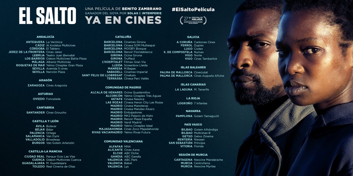 ¡La esperanza llega a los cines! ✊ #ElSaltoPelícula, del ganador de 3 Premios Goya @benitozambrano, es un thriller social que mira de frente ante una dura realidad que interpela a todxs. Tras su paso por el @festivalmalaga, hoy llega a todas estas ciudades y cines. 🎞️