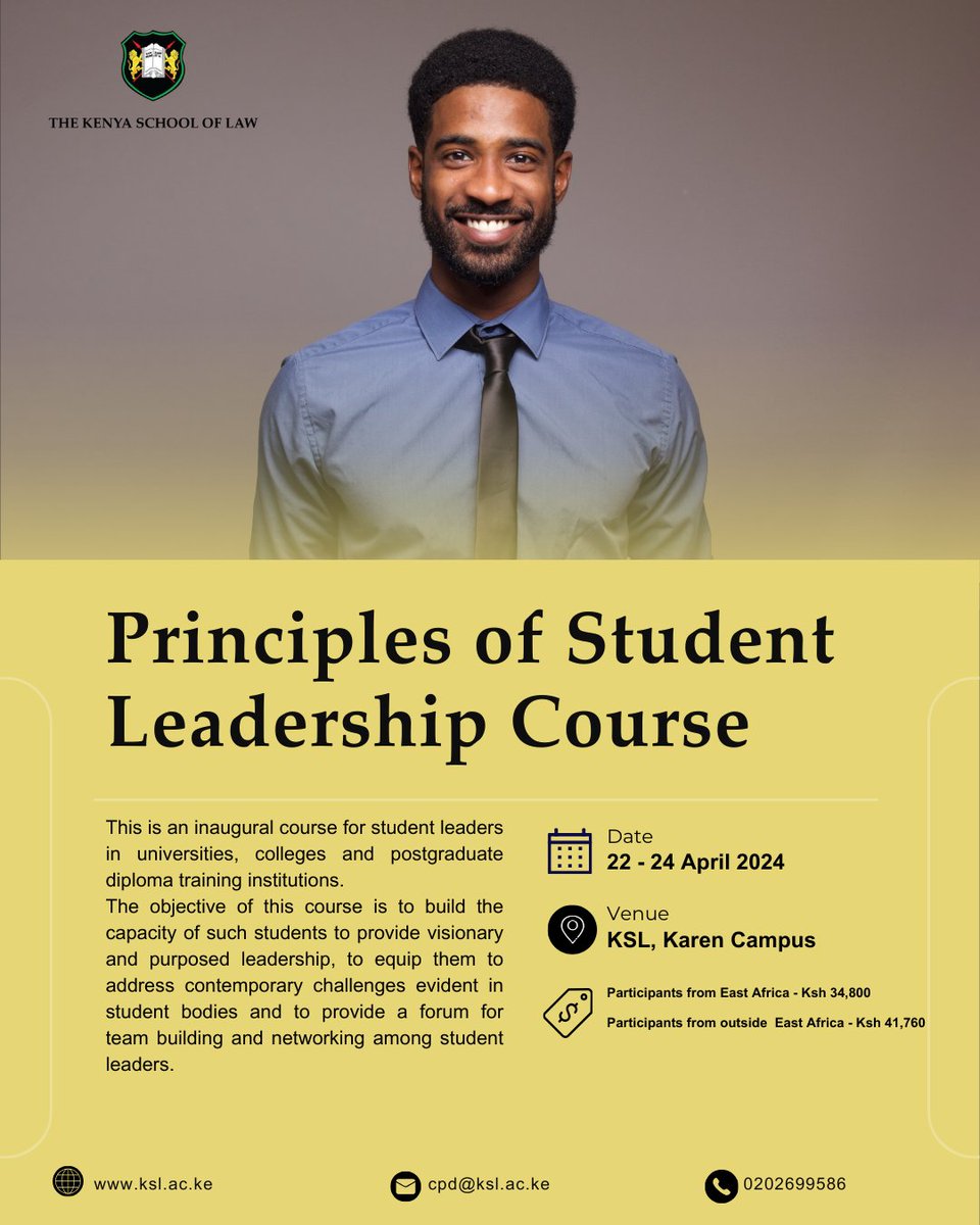 SchoolofLawKE's tweet photo. Join our intensive 3-day course at the Kenya School of Law. Learn visionary leadership, navigate legal frameworks, and promote student wellness. Sign up at https://t.co/aP3nGeV34B
#StudentLeadership
#KSLCPDs https://t.co/c4bOmhrSbN
