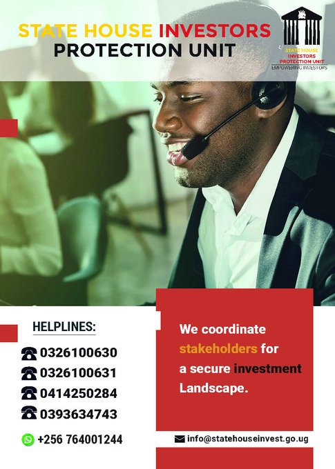 Use the following helplines to report any investor-related concern to @ShieldInvestors 
Call: 0326 100 630 /1
Email: info@statehouseinvest.go.ug
@edthnaka #EmpoweringInvestors