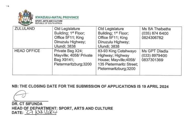 Sport Activity Coordinators EPWP x373 posts KwaZulu Natal Department of Sports, Arts and Culture Closing Date 19 April 2024 Good Luck! #OpportunitiesWithThabang
