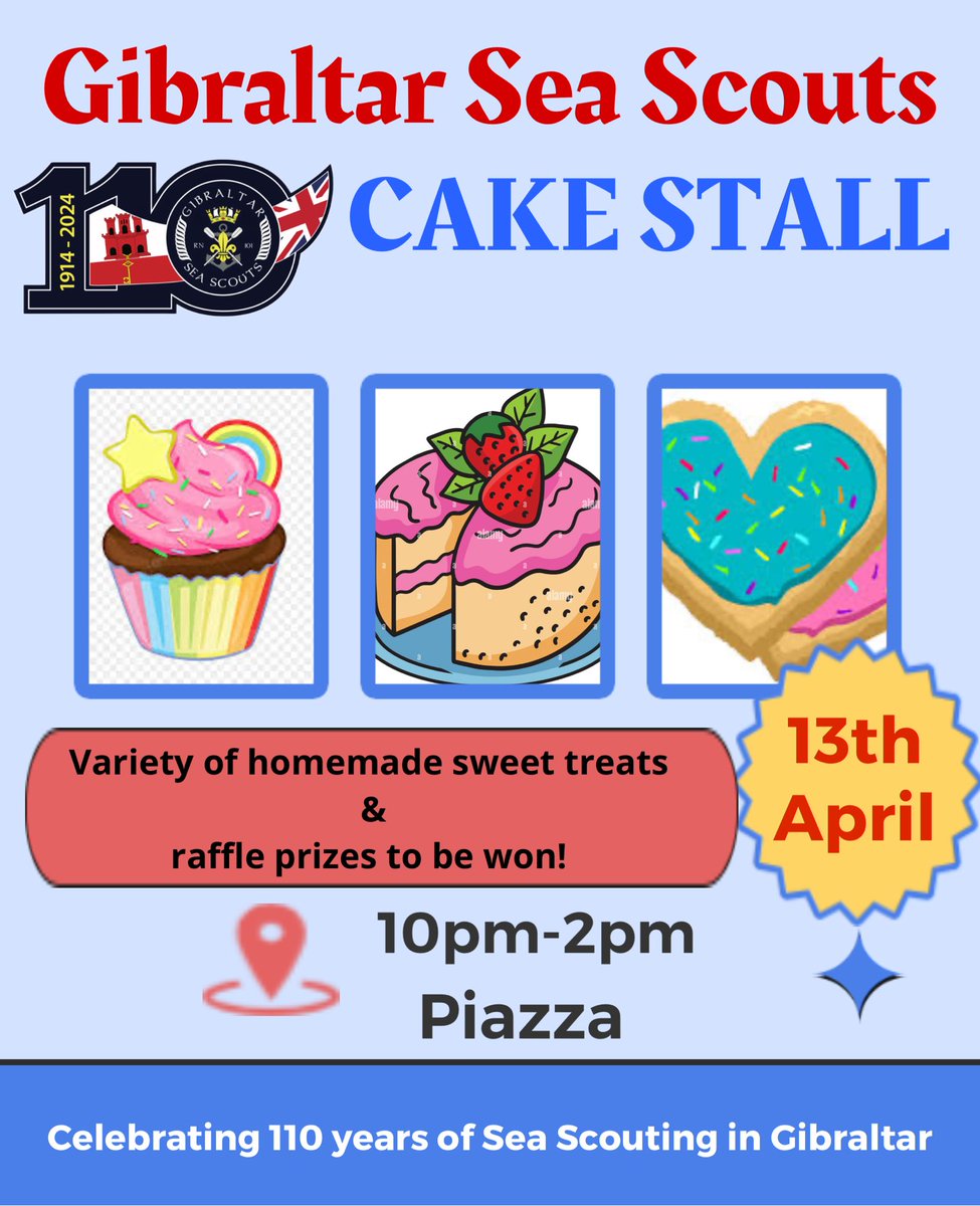 This year marks the 110th anniversary of Sea Scouts on the Rock. Tomorrow, members of the Gibraltar Sea Scouts RN101 group will be holding a cake stall at the Piazza 🍰 Join us for a tune and a slice of cake tomorrow 🎵