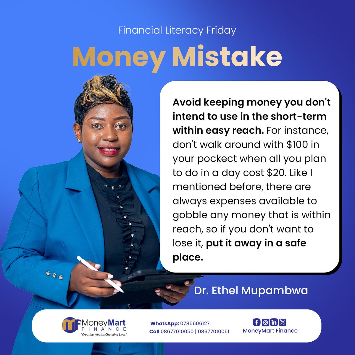 Financial Literacy Friday!

Money Mistake; Avoid keeping money you don't intend to use in the short-term within easy reach.

#financialliteracy #financialfreedom #FinancialPlanning #FinanceFriday