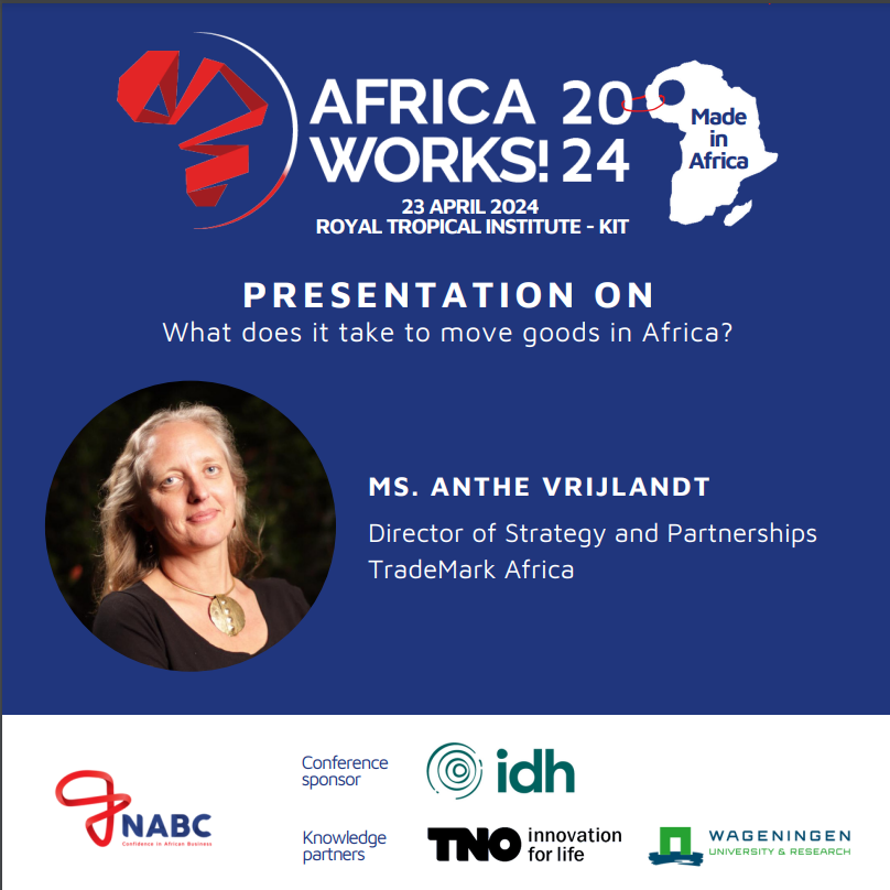 TMA's @AntheVrijlandt will be speaking at @ZakendoenAfrika #AfricaWorks! April 23, Amsterdam. #WhatDoesItTake to move goods in Africa’s? Anthe will share how TMA's innovations have slashed transport times by over 1/3 in @jumuiya & our commitment 2 sustainable trade in #Africa