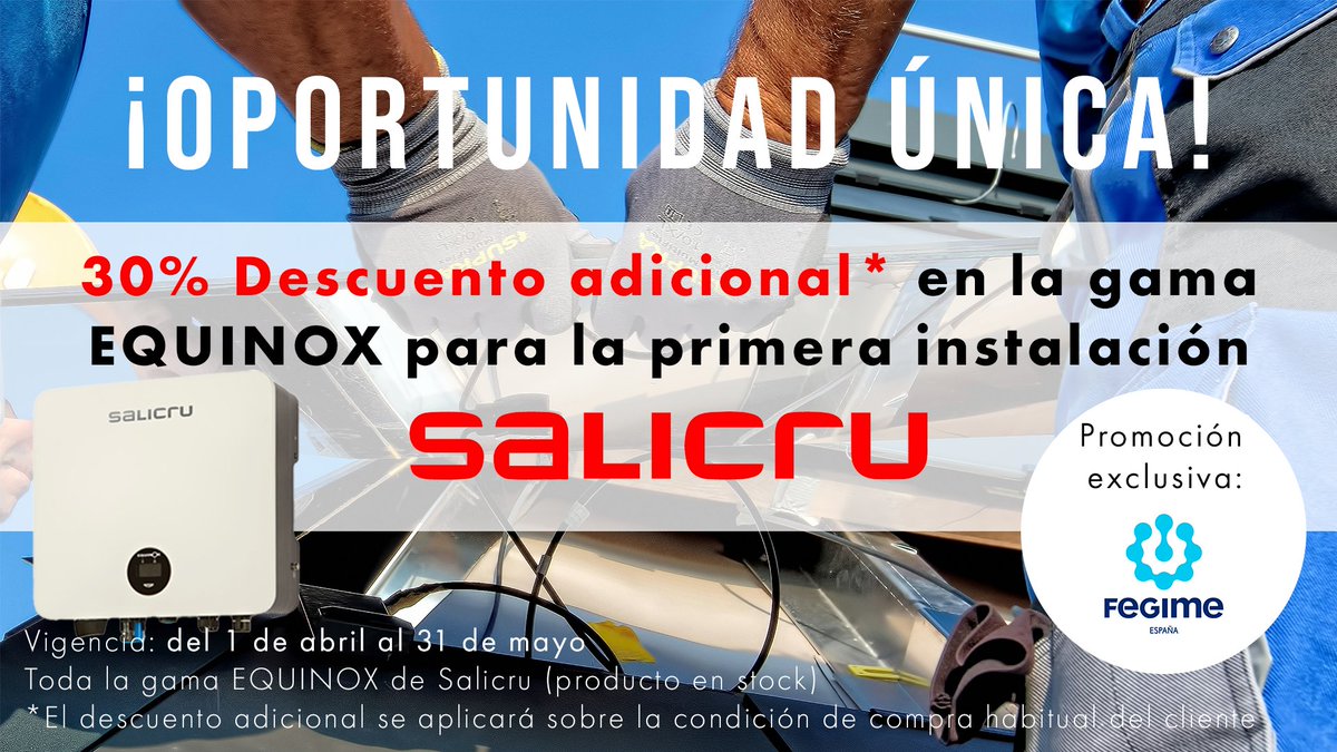 Fegimeonline's tweet photo. 📢 ¡Aún estás a tiempo!
🗓 Hasta el 31 de mayo podrás disfrutar de estas ofertas únicas que llevarán tu instalación de #fotovoltaica al siguiente nivel.
Promoción exclusiva de #Fegime 🔝
#Salicru #Tigo #promoción #primerasmarcas #fotovoltaica https://t.co/TwhsgqMIjf