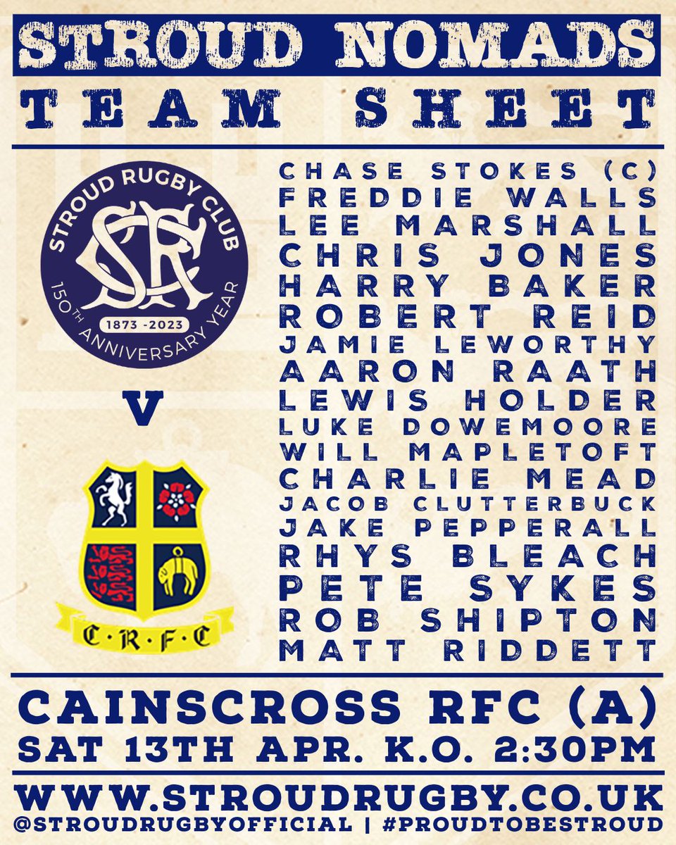NOMADS SQUAD The Nomads restart our Combination cup run at Cainscross! 🥳 🏆 The Bill Adams Cup 🗓 Saturday 13th March 🏉 @Cainscross_RFC_official @ Victory Park (GL5 4JE) 🕒 Kick Off - 2:30pm #proudtobestroud #thefutureisbright #thefutureisblueandwhite