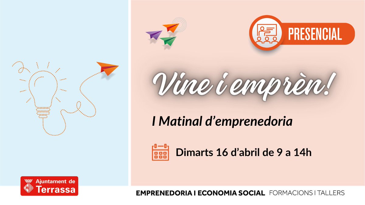 🚀Últims dies per inscriure's a la matinal de 'Vine i emprèn!' Una jornada compactada amb consells per emprendre, ajuts i finançament, valor afegit i bones pràctiques i networking. 🗓️16/04/2024 de 9 a 14h 📍Edifici Vapor Gran ✅tuit.cat/8Ha7u