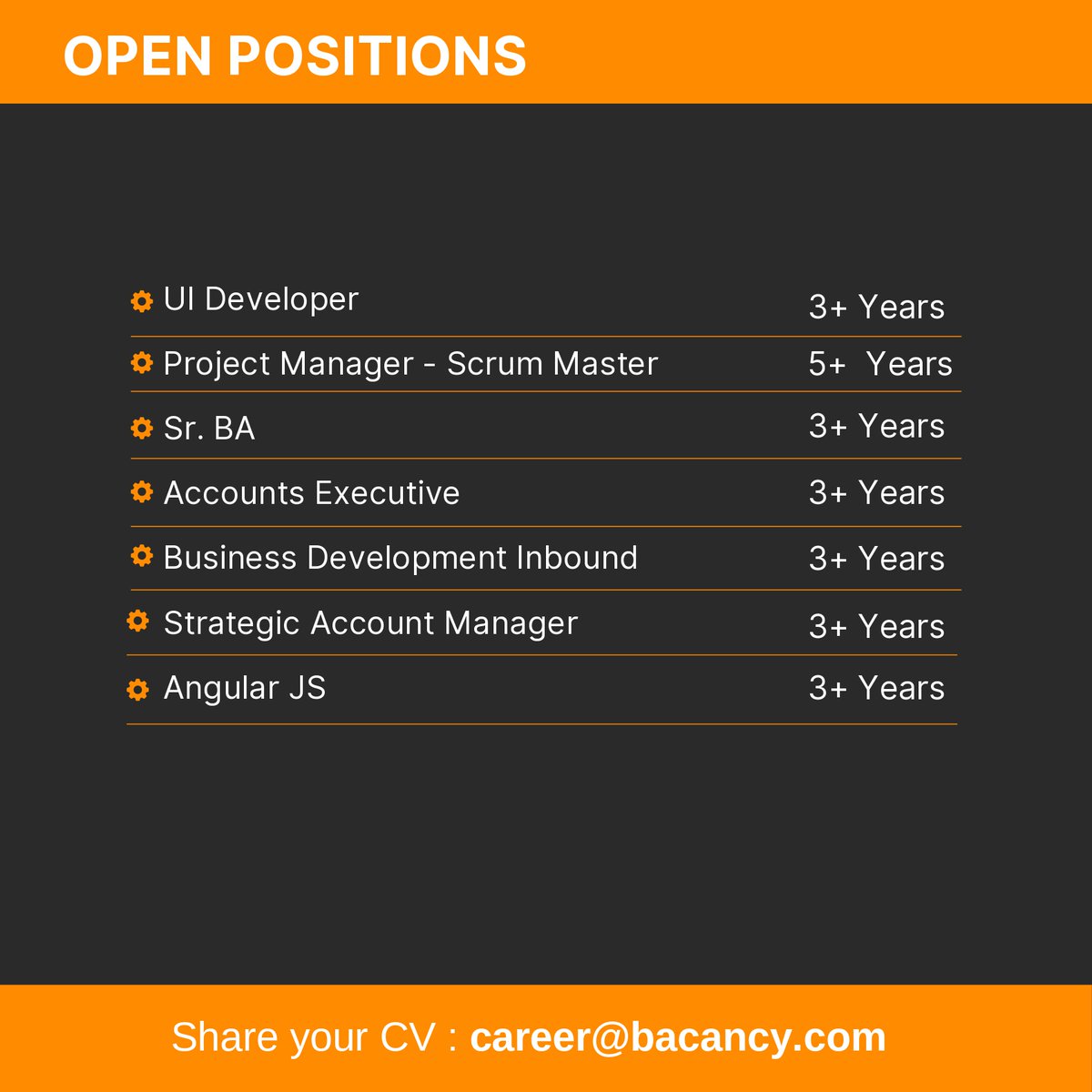 ⚠️ We are Hiring!⚠️ #Recruiting candidates!

#VacancyAtBacancy #laraveljobs #PHPJobs #VueJSJobs #QAjobs #PythonJobs #UIUXJobs #jobsinahmedabad #ahmedabadjobs #techjobs #Techjobsindia #ITjobs #jobsinahm #GrowWithBacancy #DedicatedToInnovation #BacancyTechnology