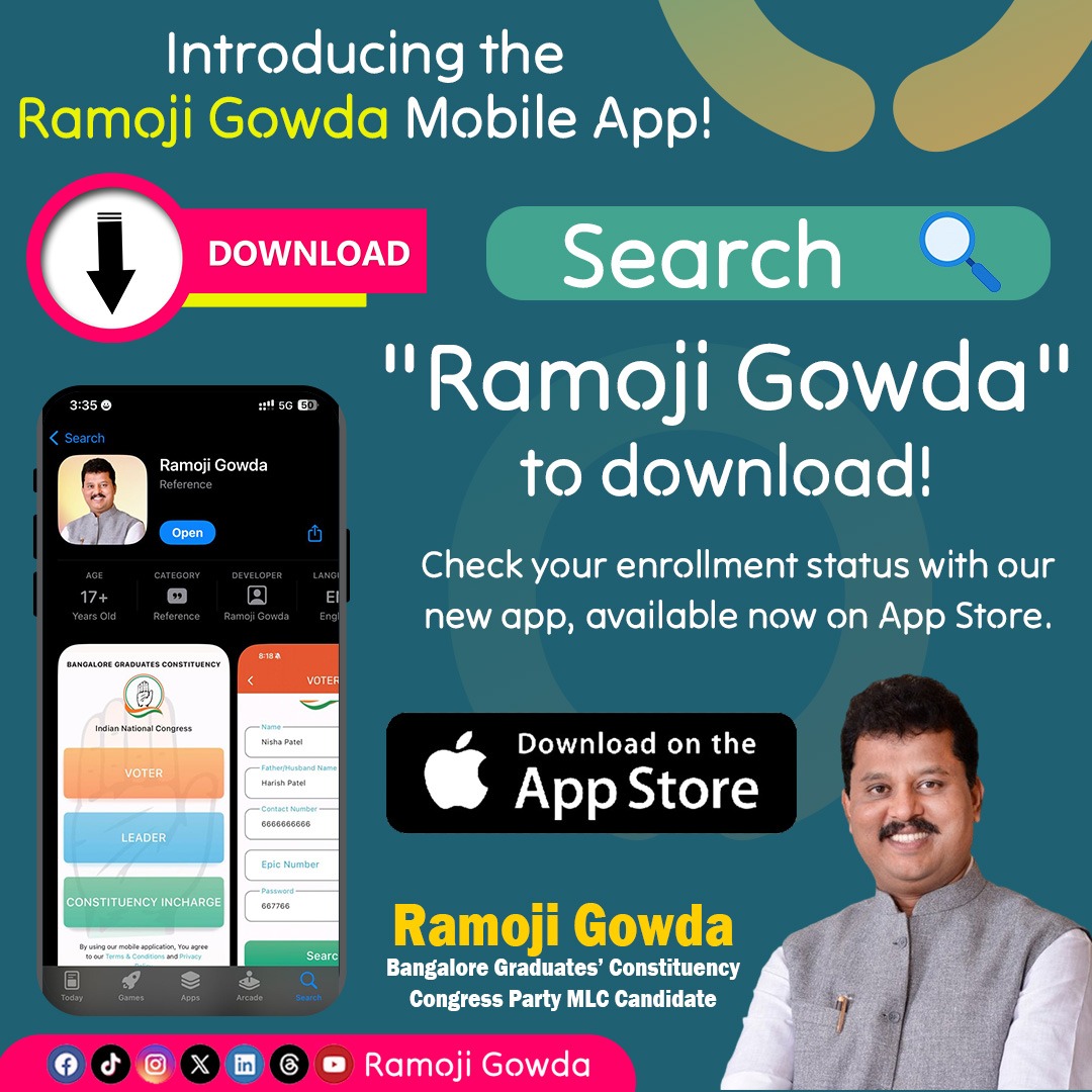 We're excited to announce the launch of the new Ramoji Gowda mobile application, available now on  App Store! This app allows you to conveniently check your enrollment status at your fingertips

#RamojiGowda #MobileApp #AppLaunch #Convenience #EnrollmentStatus #apple #CheckStatus