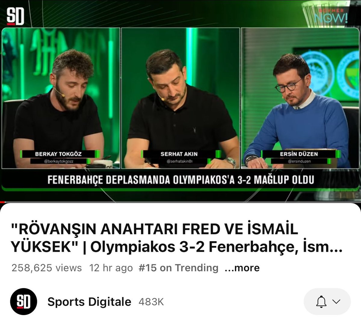 Gecenin birincisi yine @SportsDigitale oldu! Gün dolmadan 250 bini aşan maç sonu yayınımız Youtube trend listesine 15. sıradan girdi. Keşke galibiyet yayını olsaydı diyor bir yanımız ancak hiçbir şey bitmedi, inşallah Perşembe günü 'yarı final' yayını yaparız. İyi ki varsınız 💙