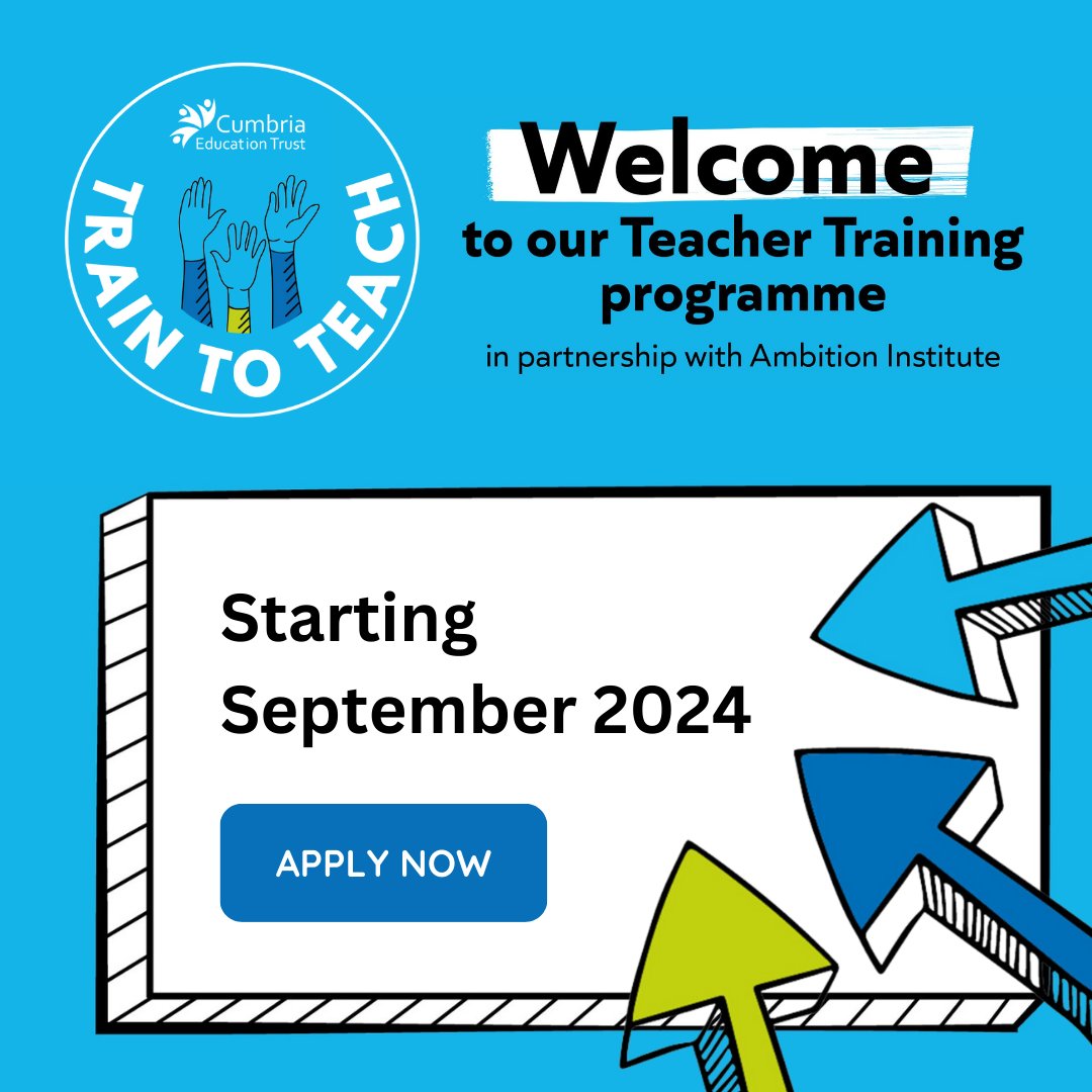 ✔ Applications for our Initial Teacher Training programme are currently open!

👨‍🏫 Begin the journey of impacting the lives of future learners.

🗺 Discover more about this opportunity 👇 cumbriaeducationtrust.org/traintoteach

#TraintoTeach
#InitialTeacherTraining
#BecomeATeacher