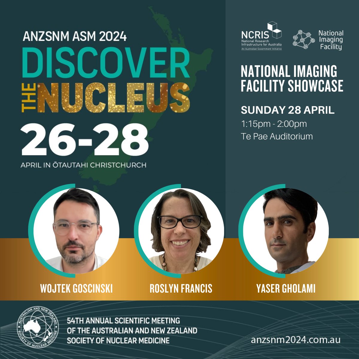 #ANZSNM 2024: Excited to host the <a href="/NIFAus/">Australian National Imaging Facility</a> Showcase at <a href="/anzsnm1969/">ANZSNM</a>'s ASM in Ōtautahi Christchurch this month.

Sunday 28 April
1:15pm – 2:00pm
Te Pae Auditorium

Featuring presentations from <a href="/WojtekJamesG/">Wojtek James Goscinski</a>, Roslyn Francis and <a href="/YaserHadiGhola1/">Yaser Hadi Gholami</a> 

More info: anif.org.au/anzsnm-2024/