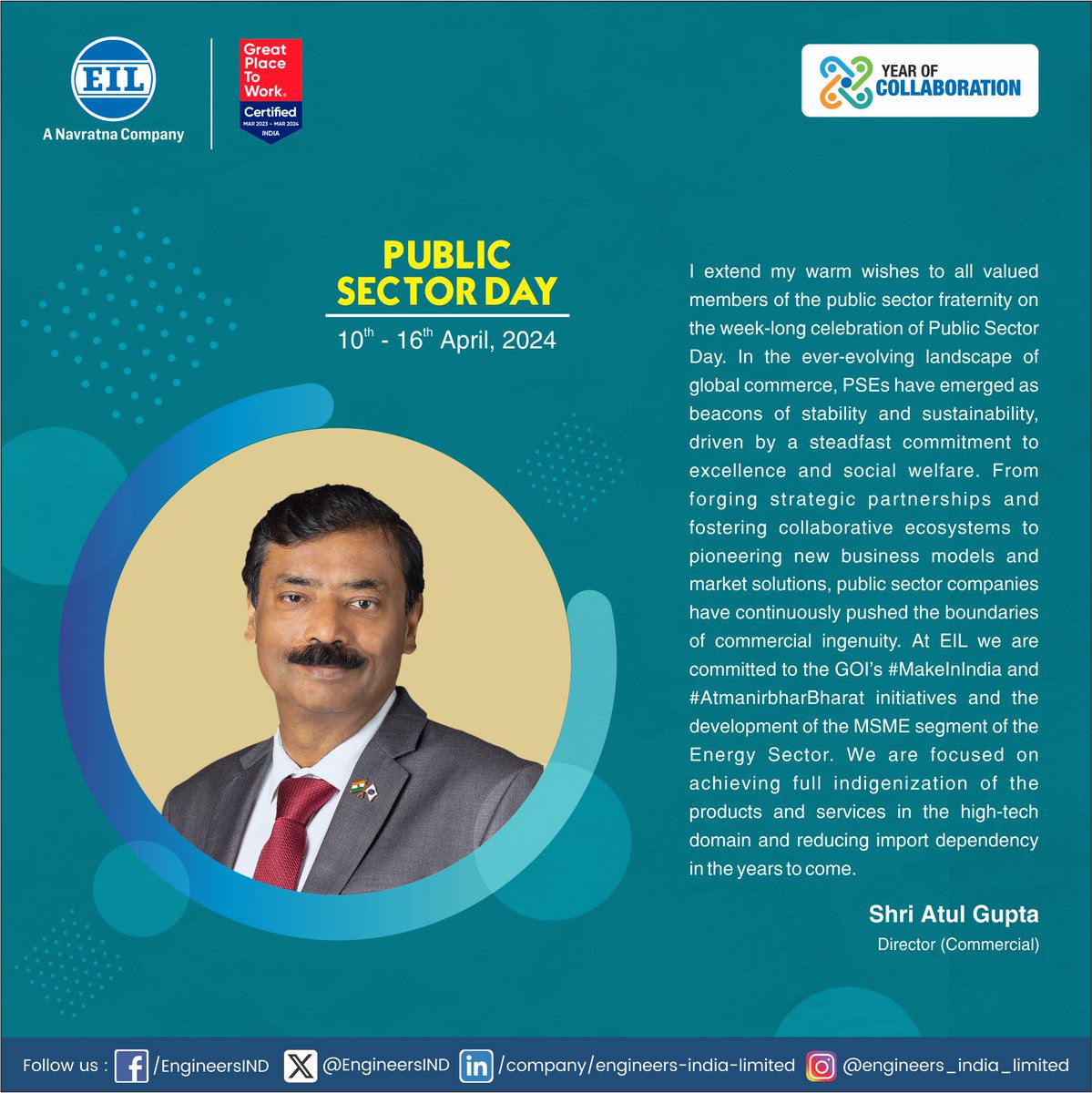 Shri Atul Gupta, Director (Commercial) highlights how Public Sector Enterprises have been crucial to India's #AtmaNirbharBharat imitative and development of the MSME Sector. Follow this space for recent updates on EIL's vital role in realizing India's #EnergyTransition and