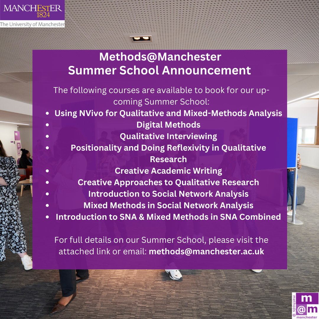 🌞Exciting news for researchers! Join @methodsMcr #SummerSchool 24/06-05/07 2024 for a range of courses in #ResearchMethods. In-person or online, discover new skills in software, qualitative and quantitative analysis, and more! Details and registration at methods.manchester.ac.uk/connect/events…