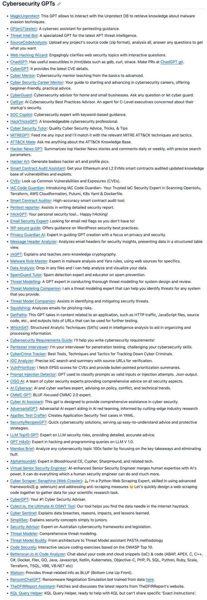 Hey Hackers,

Here are the best GPT Tools for Hacking! 🚨‼️

Source: LinkedIn

#Hacking #infosecurity #infosec #Pentesting #redteam #pwn #CyberSecurity #CTF #CyberSecurity #bug #BugBounty  #cybersecuritytips #bugbountytips