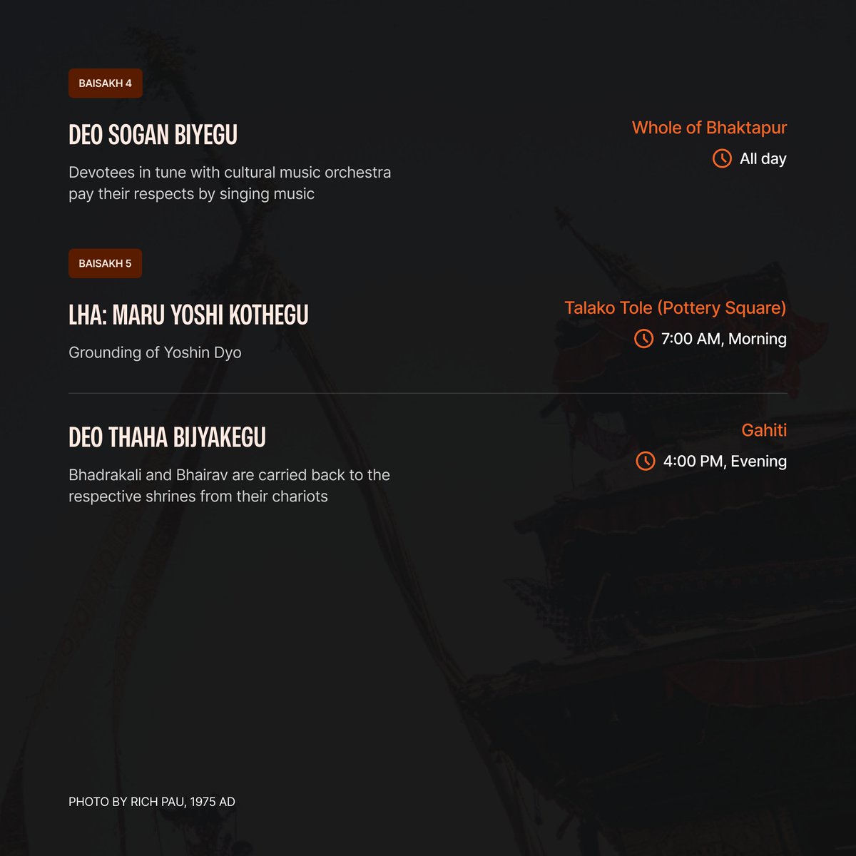 hamrobiska's tweet photo. Interested in experiencing the exhilarating Biska festival in Bhaktapur?

Take a look at the schedule for the upcoming events during the Bhaktapur Biska Jatra.

Don't miss out on the excitement; it's your chance to have the time of your life!

#biska #biskajatra #bhaktapur https://t.co/NwYpRMyfy5