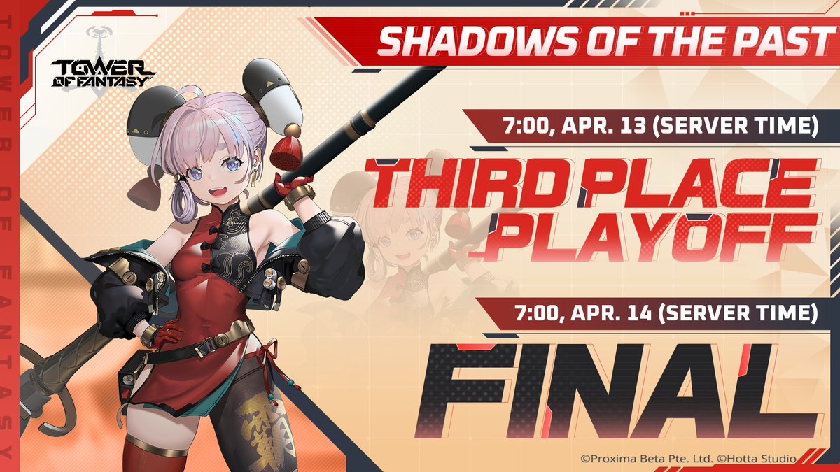 #TowerofFantasy ⚔ Shadows of the Past - Final ▶ Event period (Server Time): Third Place Playoff: 7:00, Apr. 13 Final: 7:00, Apr. 14 Get ready for an exciting final showdown! Who do you think will claim the ultimate victory? Don't forget to place your bets! ⚔