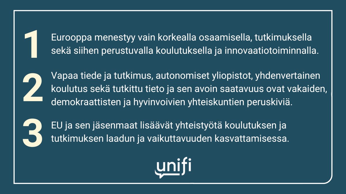 Korkea osaaminen, tutkimus, koulutus ja innovaatiotoiminta ovat Euroopan kilpailukyvyn ja vetovoiman perusta. Lue Unifin pääviestit tulevalle EU-parlamentille ja komissiolle: unifi.fi/unifin-paavies…