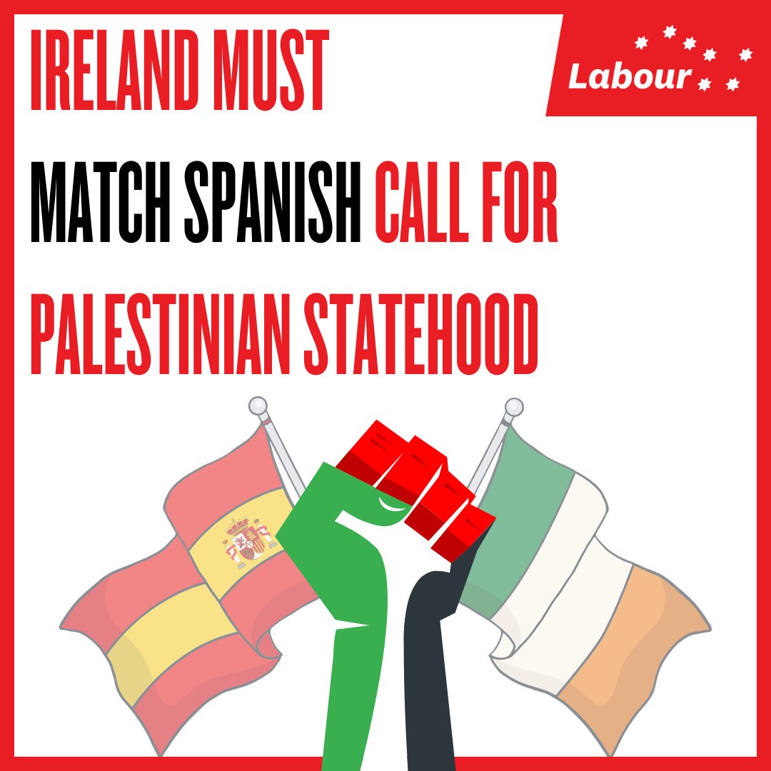 The time for Ireland to recognise the State of Palestine is long overdue. 🇵🇸 We commend Spain for its commitment to recognising Palestinian statehood by July. Ireland must follow suit now and continue to work with international partners to deliver a #CeasefireForGaza. 🕊️