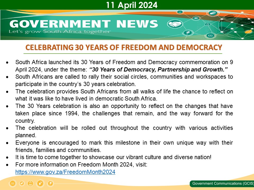 South Africa launched its 30 Years of Freedom and Democracy commemoration on 9 April 2024, under the theme: “30 Years of Democracy, Partnership and Growth.”
#FreedomMonth2024
#Freedom30