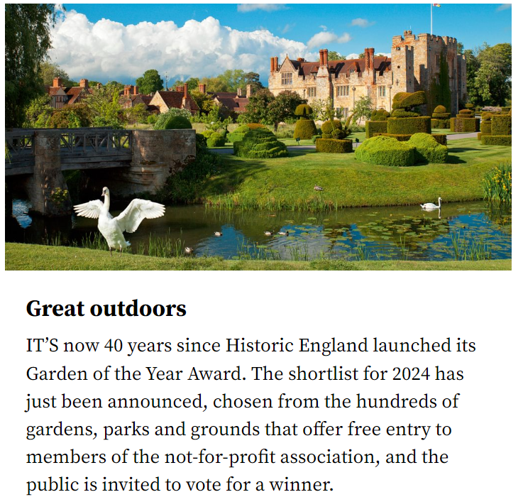 Great to see coverage of the @Historic_Houses / @ChristiesInc #GardenoftheYearAward in this week's @Countrylifemag You can cast your vote here: historichouses.org/vote-goty/ (We note the special mention for @HistoricEngland here too!)