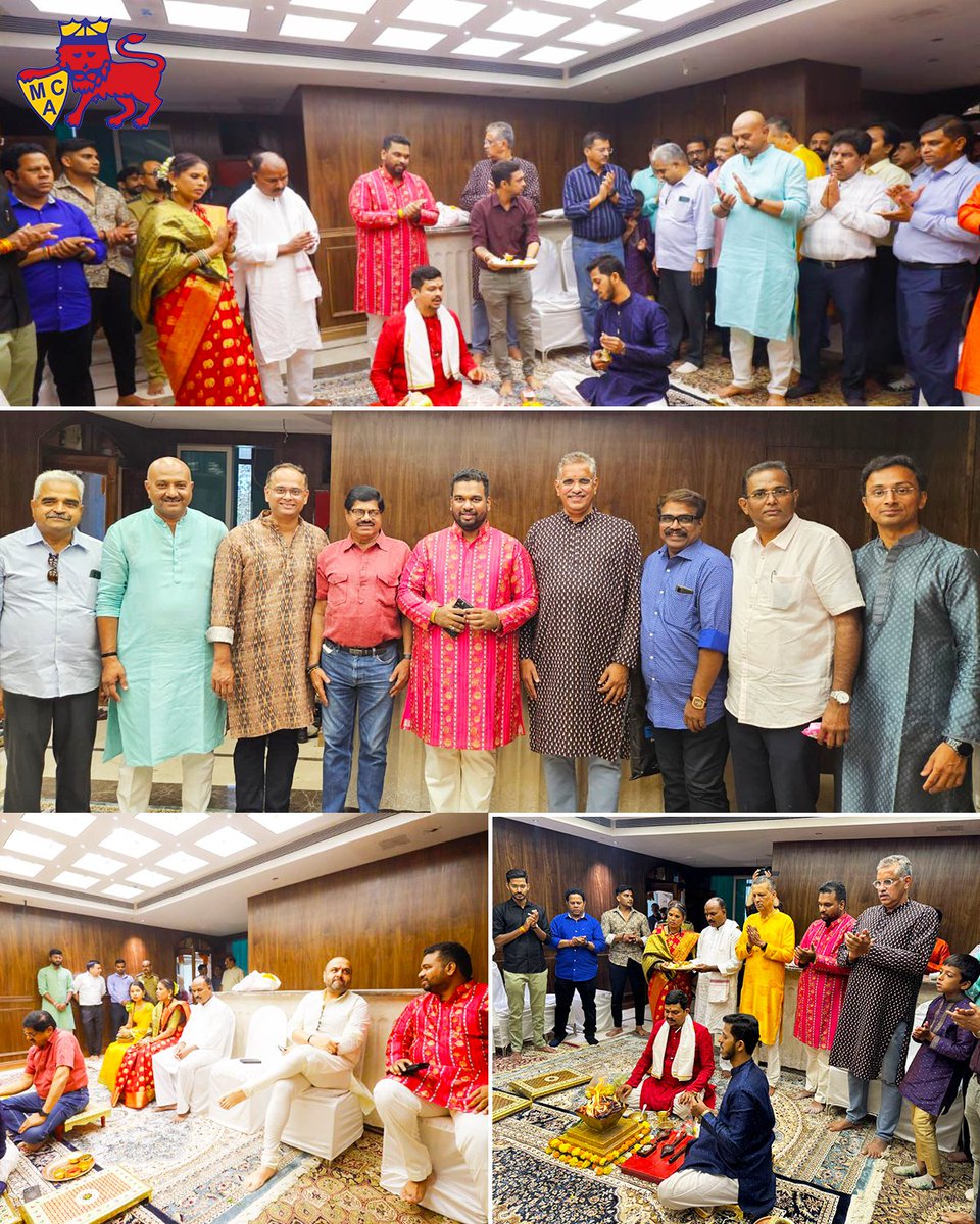 📸 Moments from 𝗚𝗮𝗻𝗲𝘀𝗵 & 𝗦𝗮𝘁𝘆𝗮𝗻𝗮𝗿𝗮𝘆𝗮𝗻 𝗣𝗼𝗼𝗷𝗮 at the newly renovated MCA office! 🤩 #MCA #Mumbai #Cricket #Wankhede