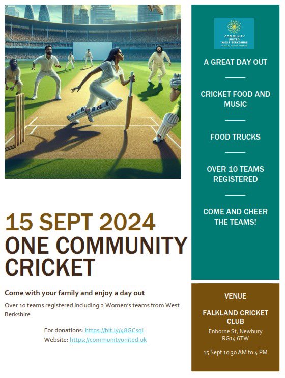 🍲 Bring your cultural cuisine to life at the #OneCommunity Cricket Event! 🏏. Join @Community_Utd in spreading culinary joy and celebrating diversity. Contact Alice or Anbu at hello@communityunited.uk to be part of this vibrant gathering! #Wokingham #Reading #WestBerks #Friday