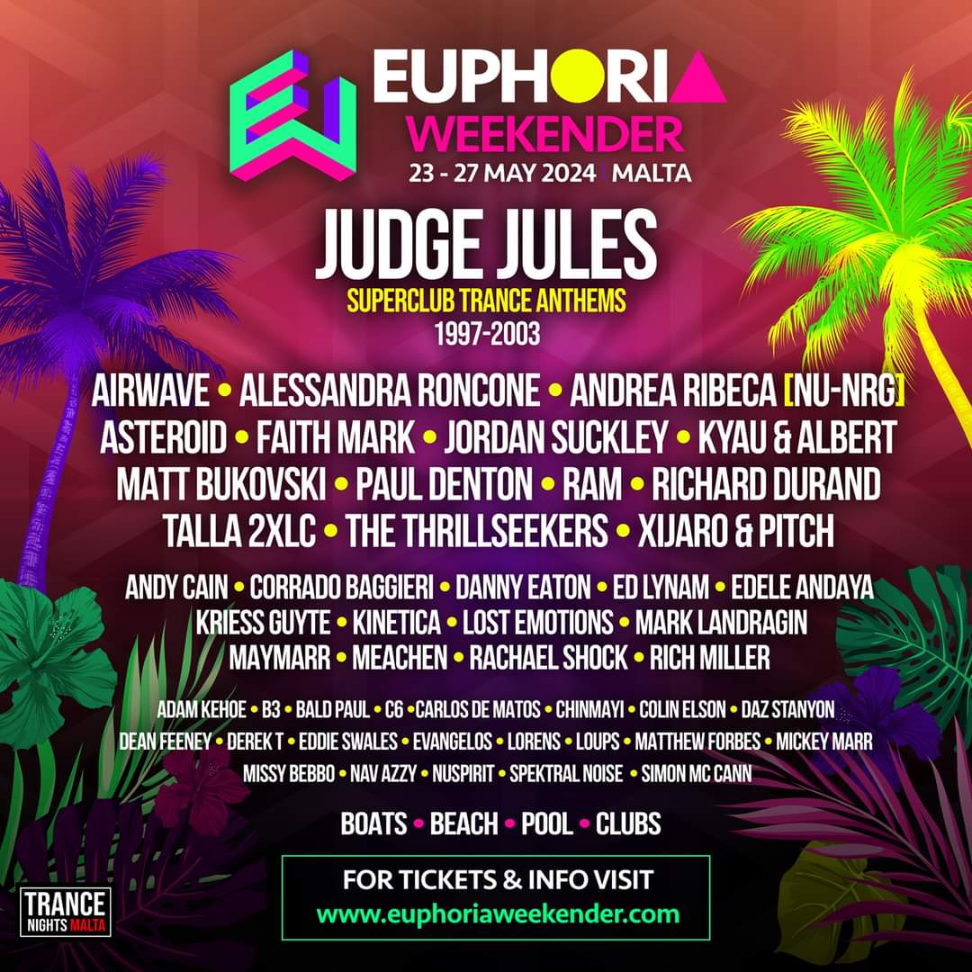 Need an excuse to go to Malta or simply want tomparty for 5-days? Join @JudgeJules @SteveHelstrip @KyauAndAlbert and more at the Euphoria Weekender #trance #festival #malta2024