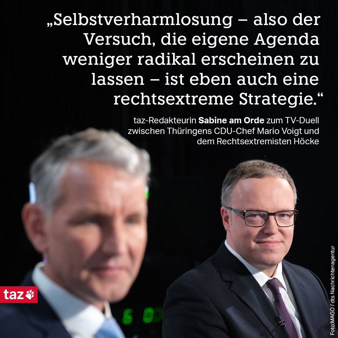 Thüringens CDU-Chef Mario Voigt wollte Höcke beim TV-Duell am Donnerstag stellen. Immerhin: Die Katastrophe blieb aus. Aber gut ist das noch lange nicht. 👉 taz.de/!6004119/