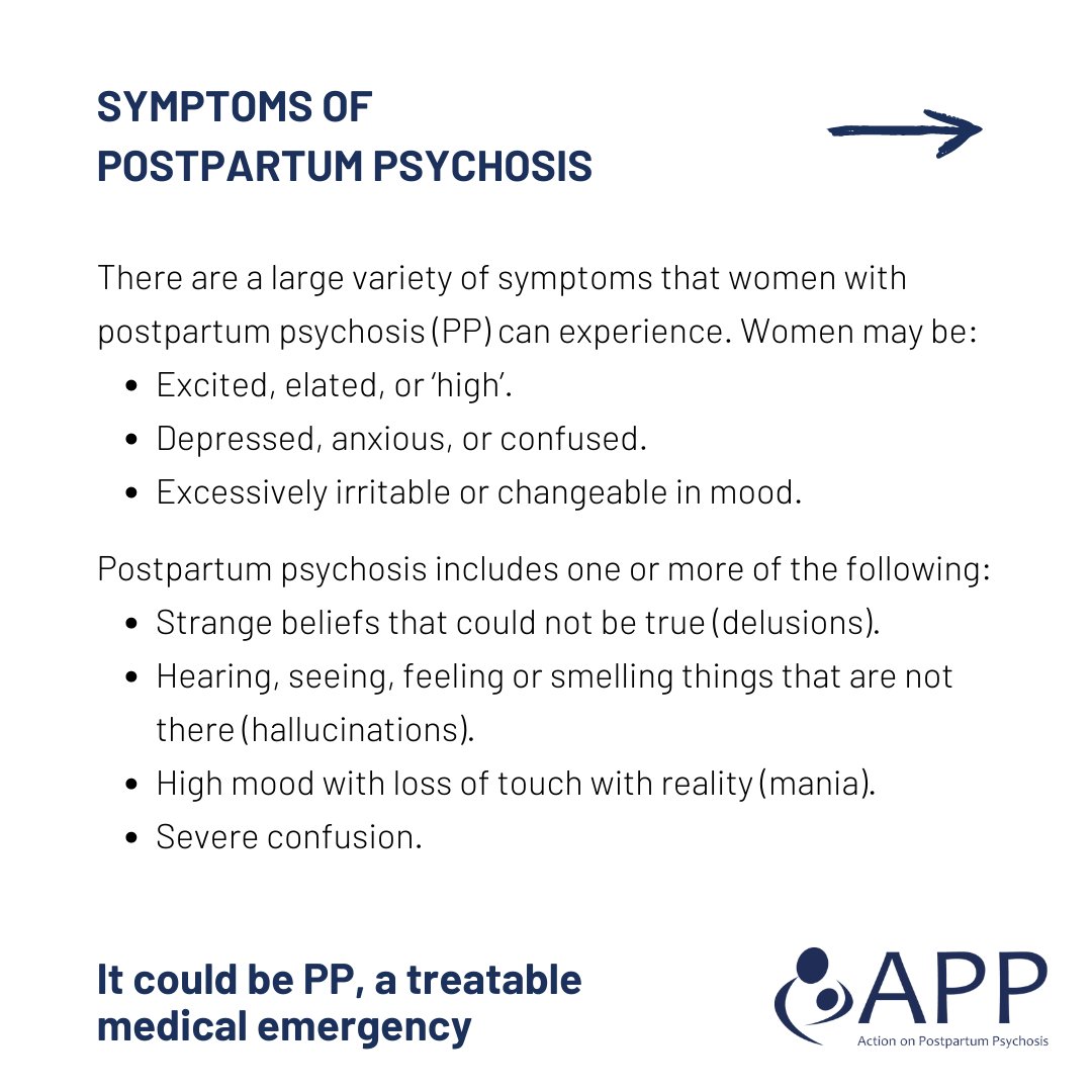 ActionOnPP's tweet image. Postpartum psychosis (PP) is a treatable medical emergency. If a new mum seems strange, help make an urgent appointment with their doctor, midwife, health visitor or call 111. If you think there is imminent danger, call 999. With help they will recover.