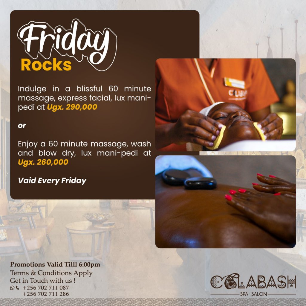 Fridays are made for self-care and pampering! Recharge your mind, body, and soul with a blissful 60-minute massage, express facial, and lux mani-pedi at Ugx. 290,000. Let the stress melt away and embrace the weekend with a renewed sense of well-being. spekeresort.com