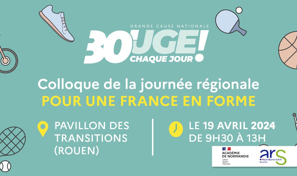 📢 [J-7] Journée régionale #PouruneFranceenforme 💪 📌 Vendredi 19 avril à partir de 9h30 📍 Pavillon des Transitions à Rouen 👁️ Zoom sur la lutte contre la sédentarité et initiatives locales en faveur des activités physiques et sportives ↪️S'inscrire : urlz.fr/q3yZ