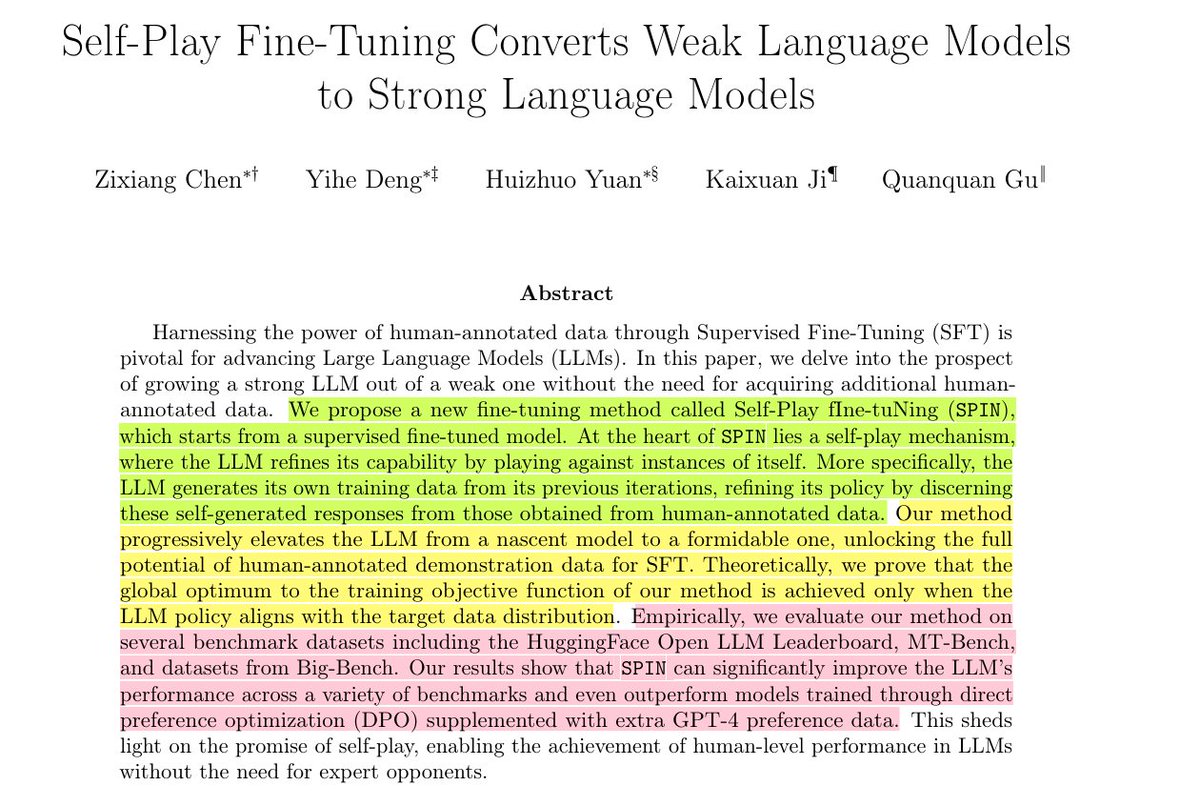 Synthetic (AI-generated) data will have a significant influence in LLM research in 2024.

Paper - 'Self-Play Fine-Tuning Converts Weak Language Models to Strong Language Models'.

Most importantly, this method does not require human preference data. A supervised finetuning (SFT)…