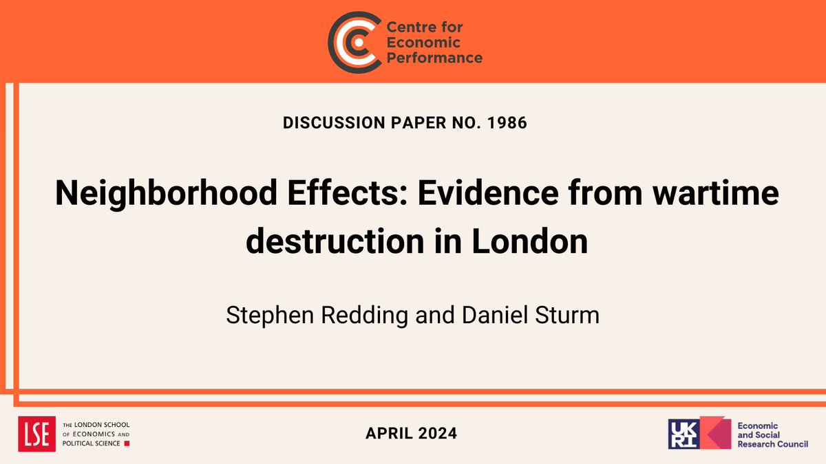 . @ReddingEcon and @daniel_m_sturm use the case of rapid rebuilding after WWII bombings in London to examine how richer people’s decisions on where to live are affected by changes not only in their own location but in neighbouring streets. Read: ow.ly/eYie50RceUN