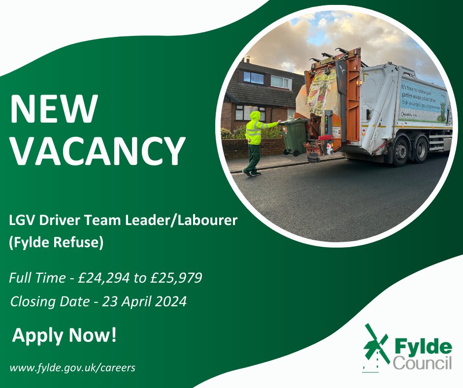 We have a new vacancy! We are looking for someone to carry out driving and labouring duties for the Operational Services Department, working as part of the refuse, recycling and amenity cleansing team across Fylde Borough. Apply Now! new.fylde.gov.uk/careers/