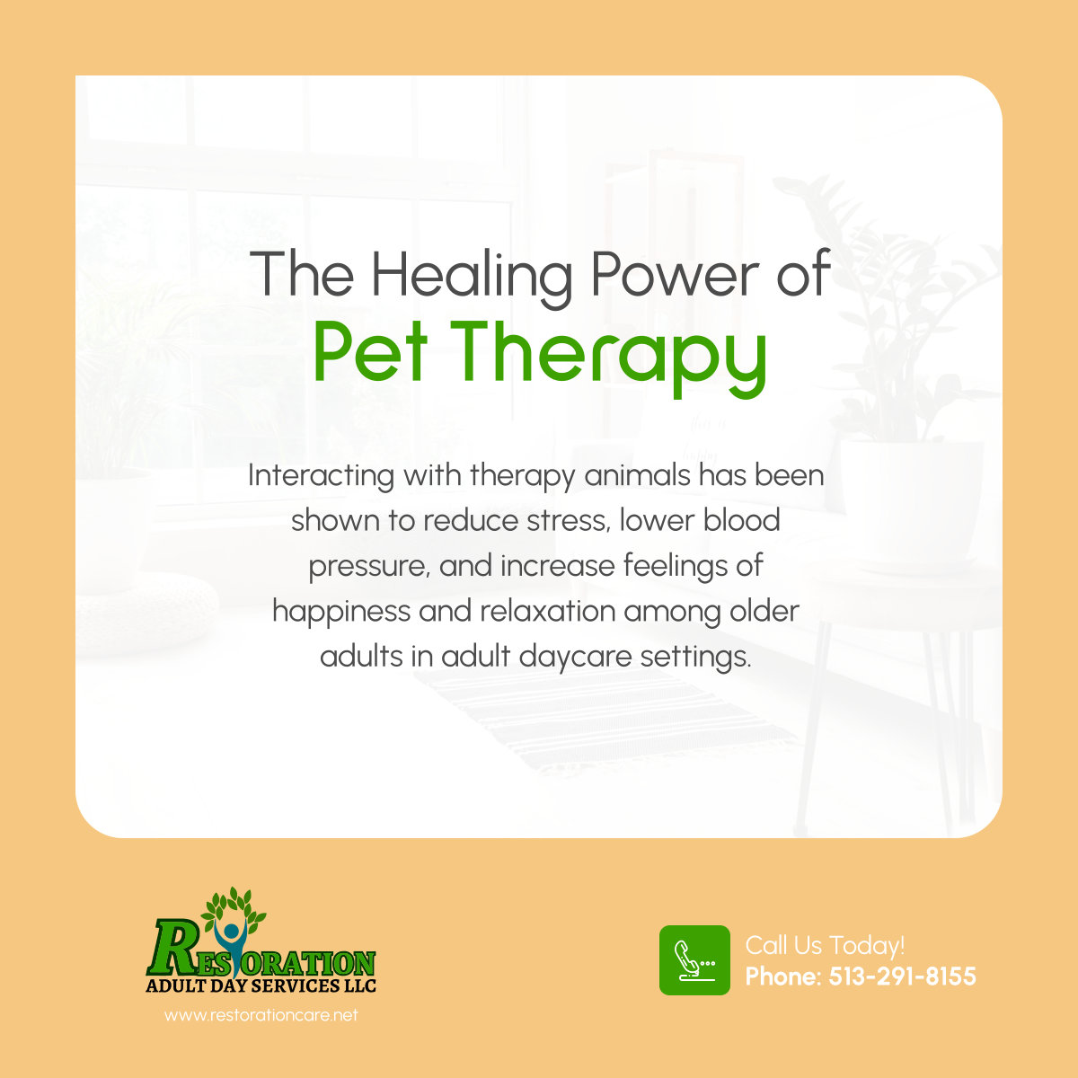 Did you know? Pet therapy can work wonders for emotional well-being! Join us at Restoration Adult Day Services LLC for furry companionship and therapeutic benefits.

#PetTherapy #EmotionalWellBeing #StressRelief #CincinnatiOH #AdultDayCareServices