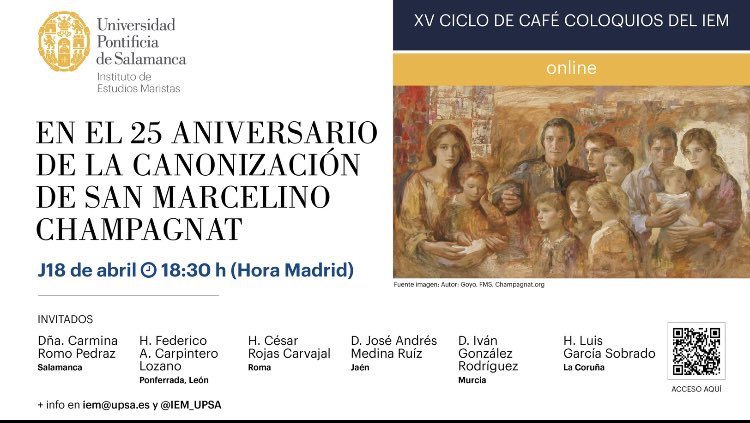 Únete a Coloquio el jueves 18 a las 18:30 celebrarnos el #25Aniversario de la Canonización de #Champagnat25 Accede con el QR y celebra con nuestros invitados @upsa @maristascompost @maristasiberica @MaristasMedit