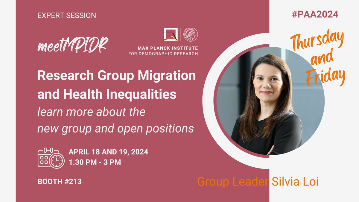 💡 Expert Sessions at #PAA2024! We invite you to meet @loisilvia1, Research Group Leader 'Migration and Health Inequalities'. Silvia will introduce her research and also inform about open positions. demogr.mpg.de/en/research_61… #migration #health #inequalities #joboffer #poptwitter