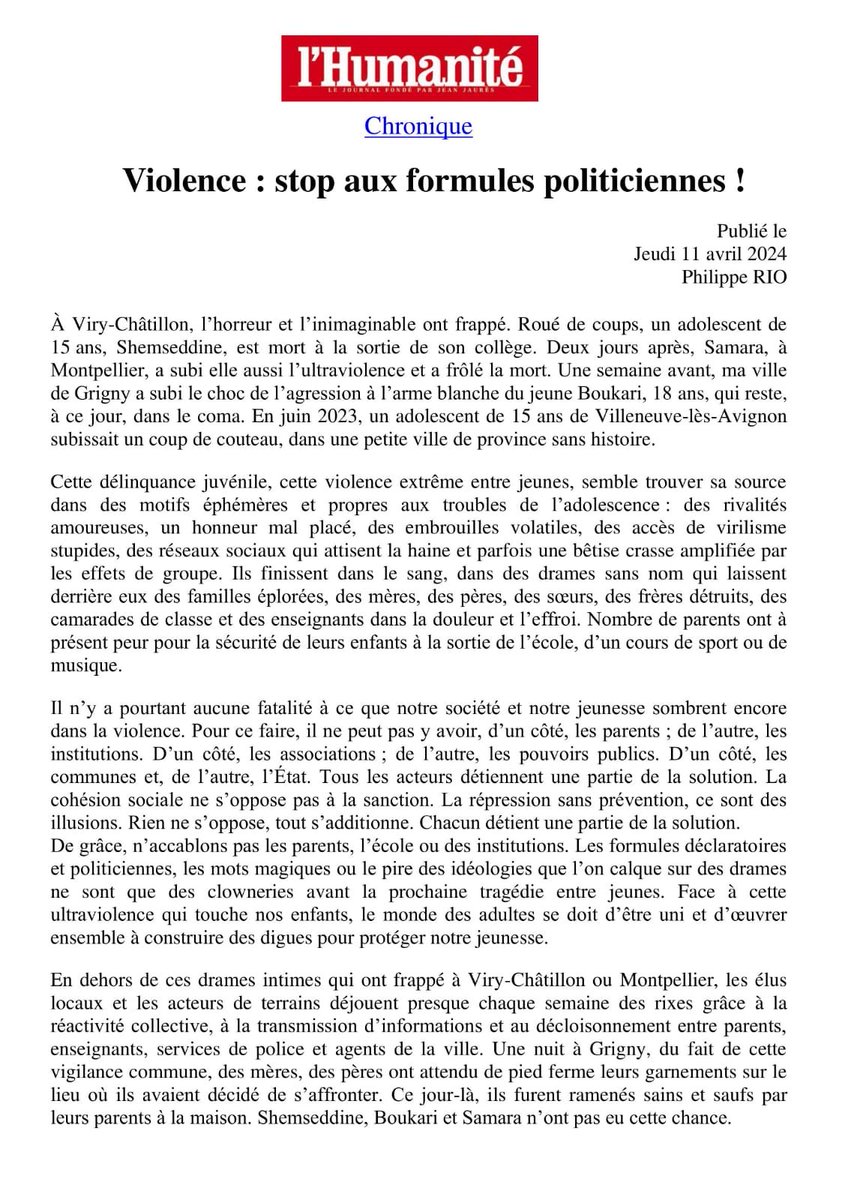 Les déclarations politiciennes et les idéologies calquées sur des violences ne sont que des clowneries avant le prochain drame entre jeunes. De grâce, n’accablons pas les parents, l’école ou les institutions. Chacun détient une partie de la solution! #ViryChatillon #Shemseddine