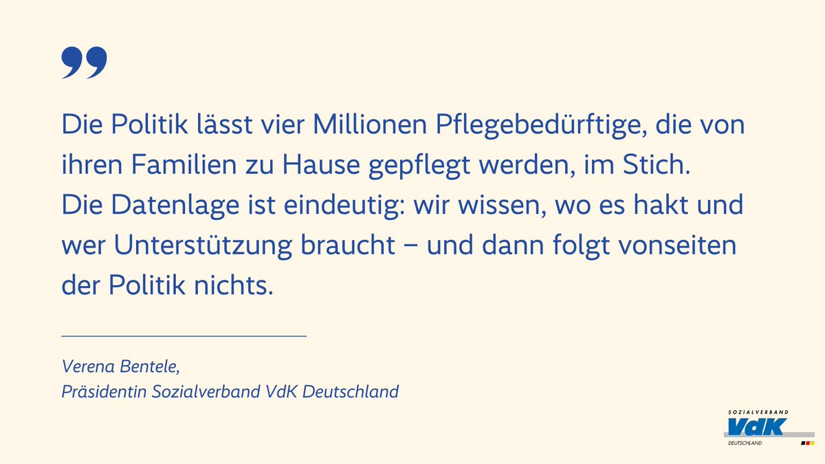 Pflegende Angehörige leisten unentgeltlich den Großteil der #Pflege zu Hause. Sie müssen mit ihren finanziellen Sorgen endlich ernst genommen werden. Wir fordern, dass die Politik Pflegenden mehr Unterstützungs­angebote, mehr Zeit zum Pflegen und mehr Rente ermöglicht!