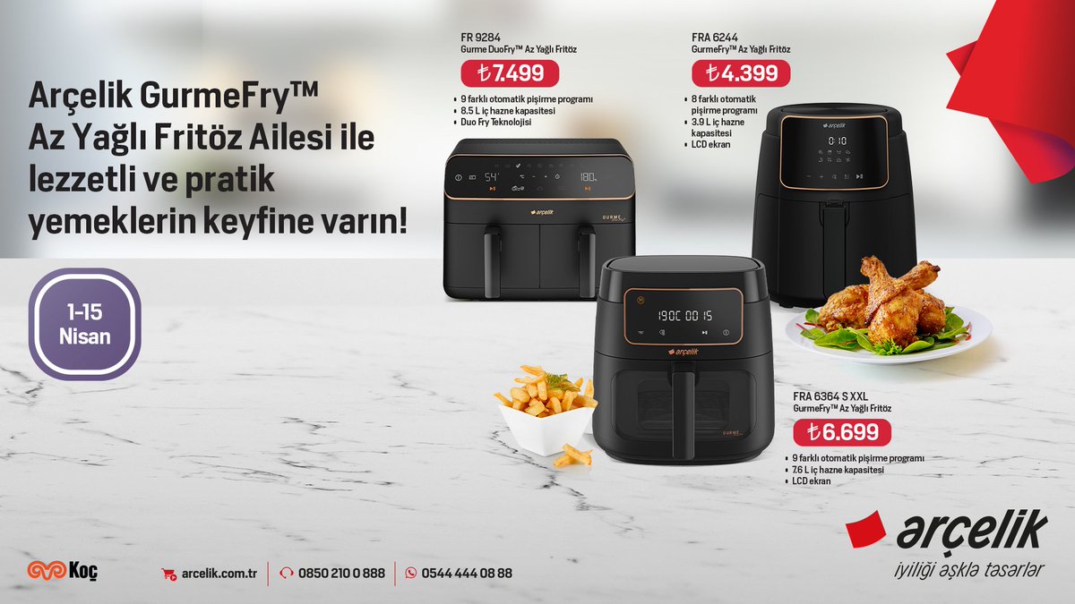 Arçelik GurmeFry Az Yağlı Fritöz ailesi ile lezzetli ve pratik yemeklerin keyfine varın! Üstelik 30 gün koşulsuz iade, evde servis hizmeti ve hemen teslim imkanı! #arçelik #asillerltd #fritöz #airfryer