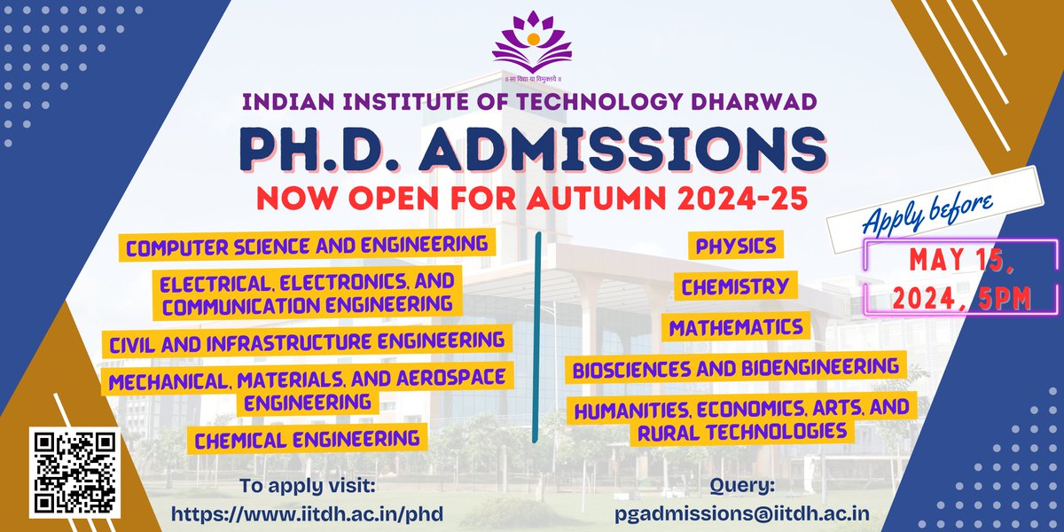 Exciting news! IIT Dharwad is now accepting applications for PhD programs in Engineering, Science & Humanities for the academic year 2024-25. Don't miss out on this chance to learn from the best and pursue cutting-edge research. Apply now! To apply, visit: