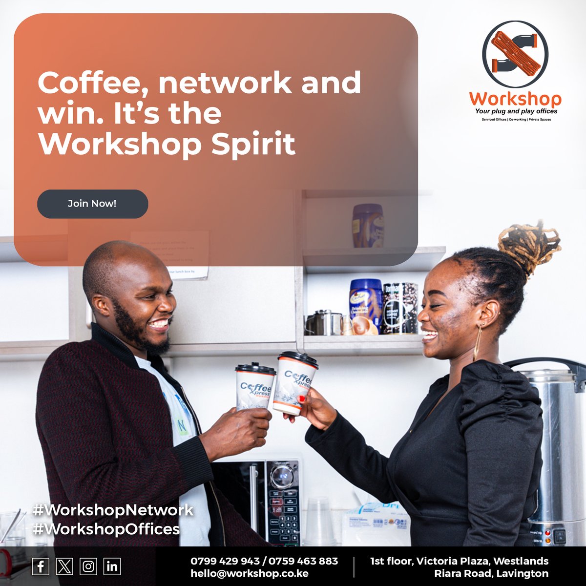 Take advantage of our free office coffee and coffee shop downstairs to spark new insights and connections.
Call us now to book your space on:
+254 759 463 883- Westlands
+254 799429943- Riara
or send us an email on hello@workshop.co.ke
 #CoworkingSpace #SharedOffices