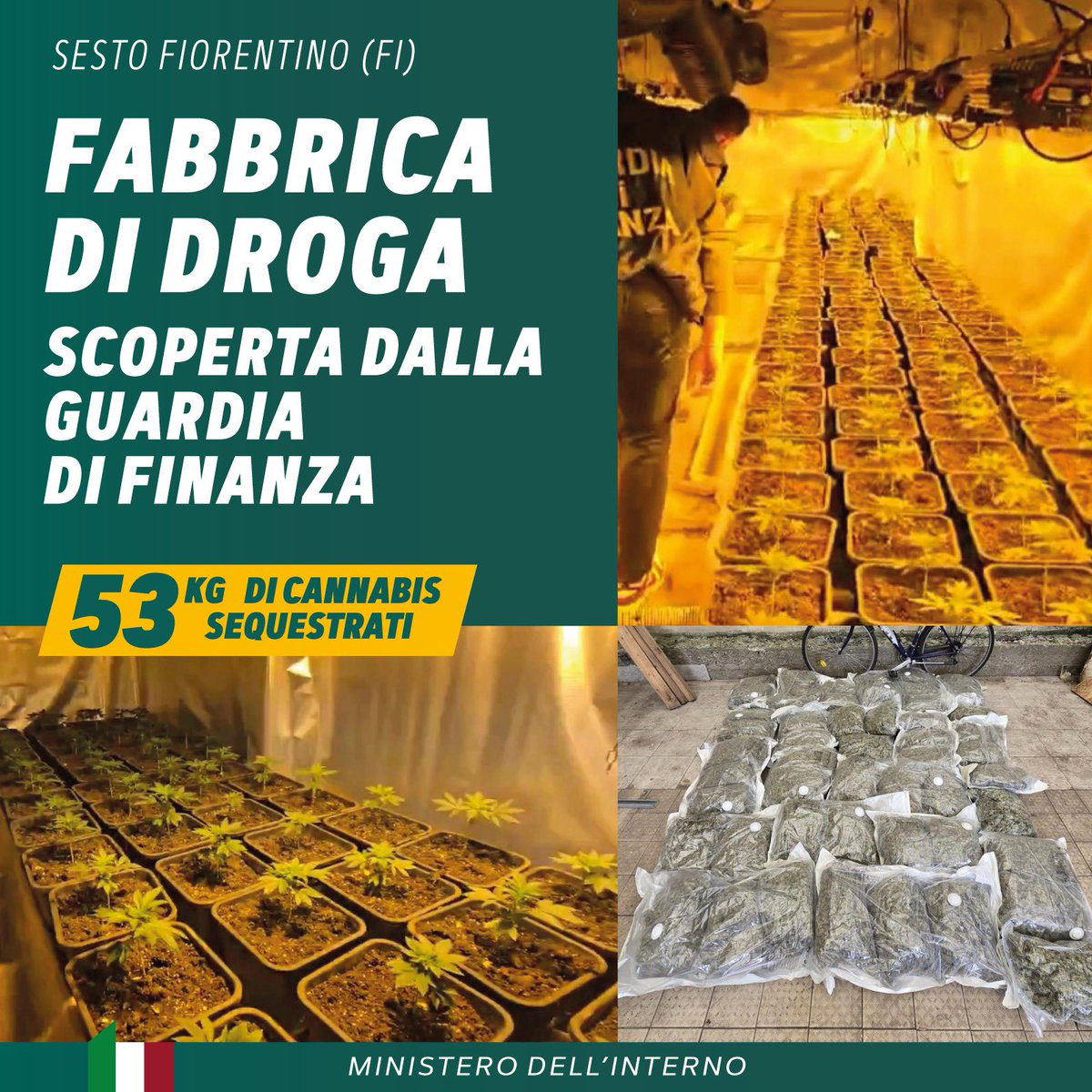 Scoperta dai militari della @GDF a Sesto Fiorentino, una vera e propria “fabbrica della droga” allestita all’interno di un capannone. 729 piante di cannabis oltre a 53 kg di stupefacente sono stati posti sotto sequestro. Arrestato, in flagranza di reato, un cittadino…