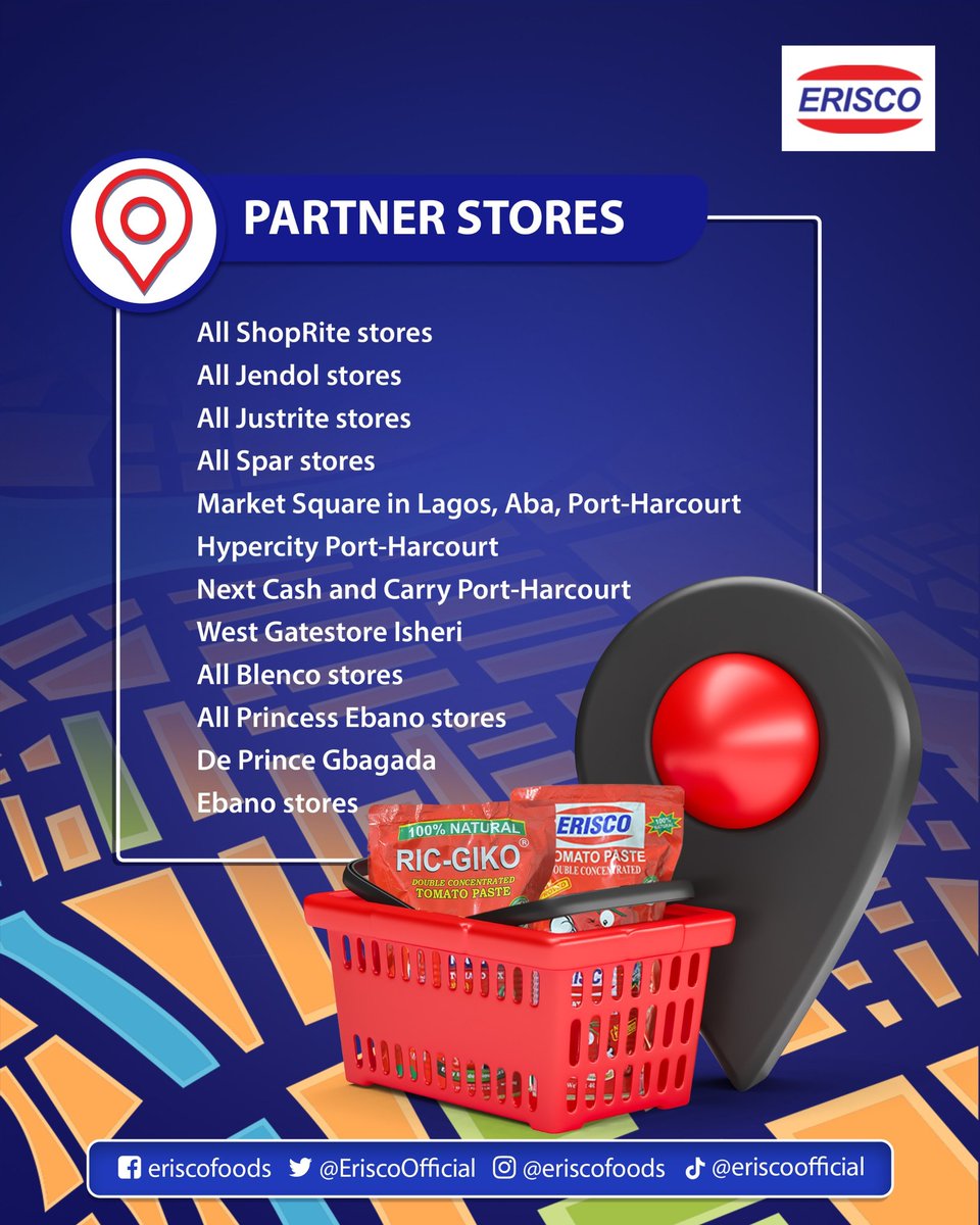 Good morning! Here's a list of locations across the country where you can find our esteemed Erisco products. #Erisco #Eriscofoods #Madeinnigeria